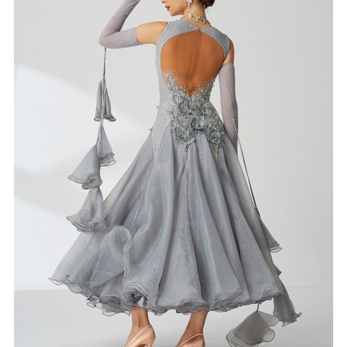 Custom size grey silver handmade competition ballroom dancing dresses for women girls bling  with diamond waltz tango foxtrot smooth dance long gown